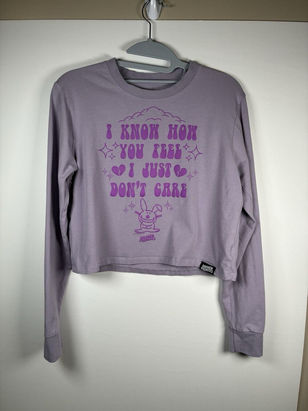 Broken Promises M Its Happy Bunny Crop Long Sleeve Tee Purple Y2K Jim Benton